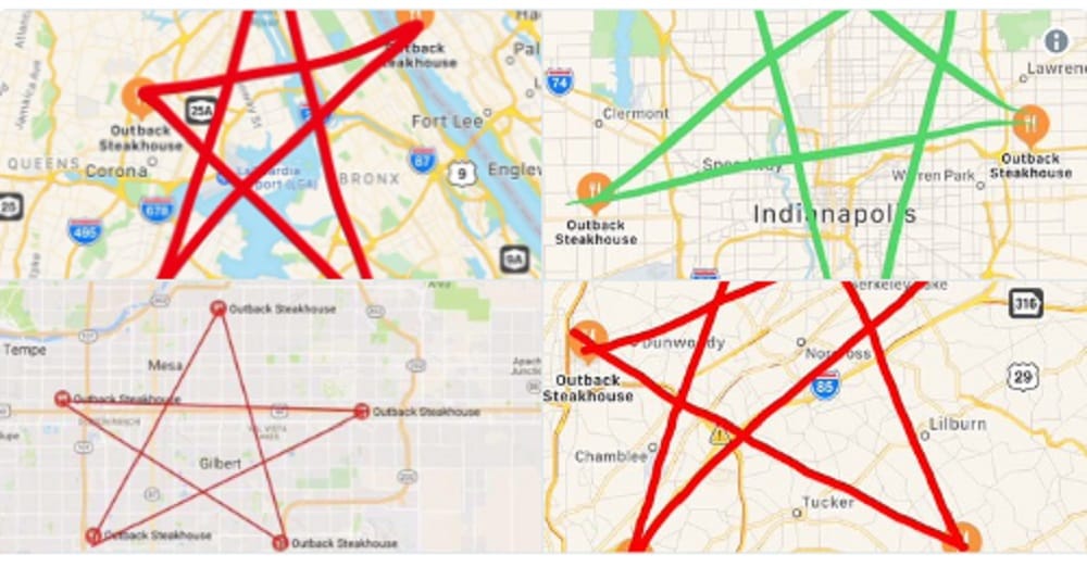 Outback Steakhouse outlets when linked on Google map makes Pentagram connected with Satanic cult