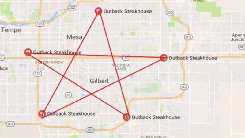 Outback Steakhouse outlets when linked on Google map makes Pentagram connected with Satanic cult