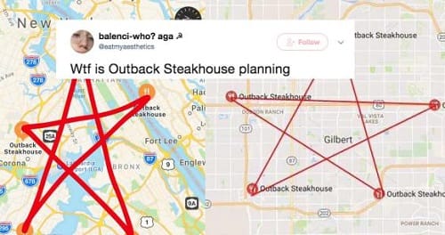 Outback Steakhouse outlets when linked on Google map makes Pentagram connected with Satanic cult