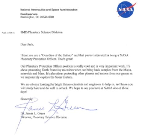 nine year old kid job application for Planetary Protection Officer at NASA
