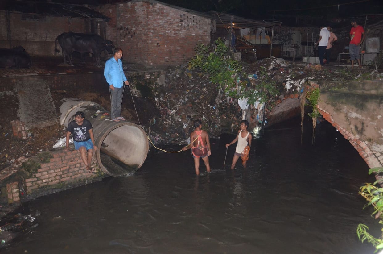  A child falls down in a big drain in Lucknow.