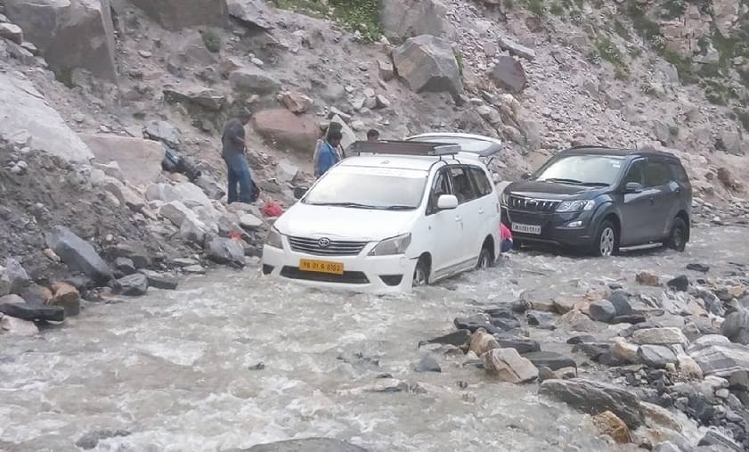 Manali-Kaza road flooded after heavy rain in Lahaul-Spiti, himachal.