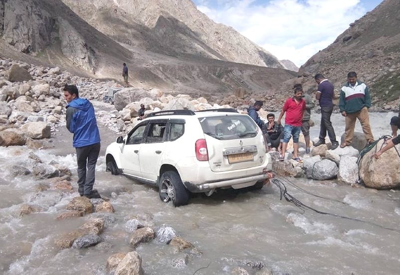 Manali-Kaza road flooded after heavy rain in Lahaul-Spiti, himachal.