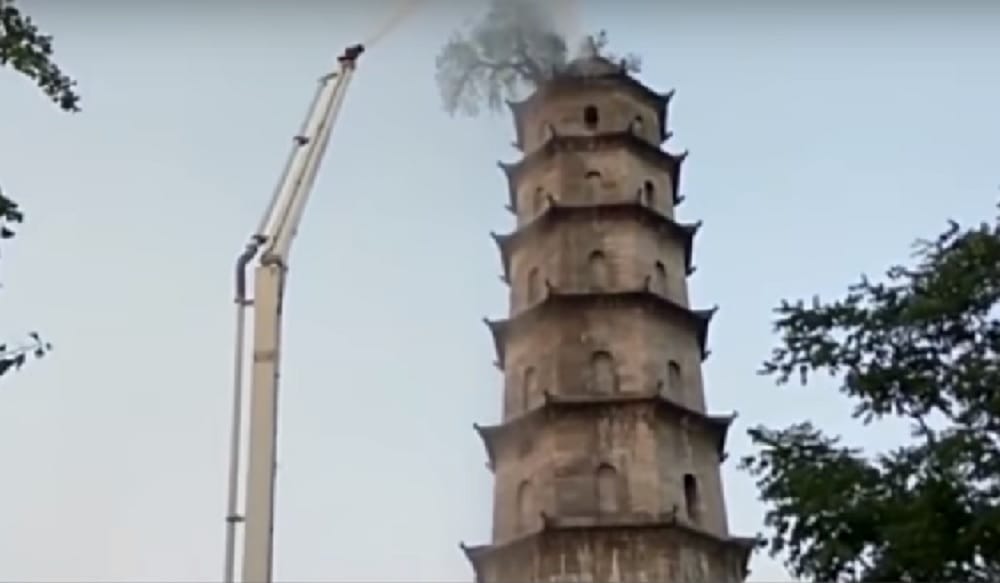 100 years old tree on 140 foot pagoda of Ming Dynasty at Hubei in China