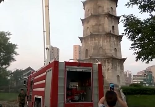 100 years old tree on 140 foot pagoda of Ming Dynasty at Hubei in China