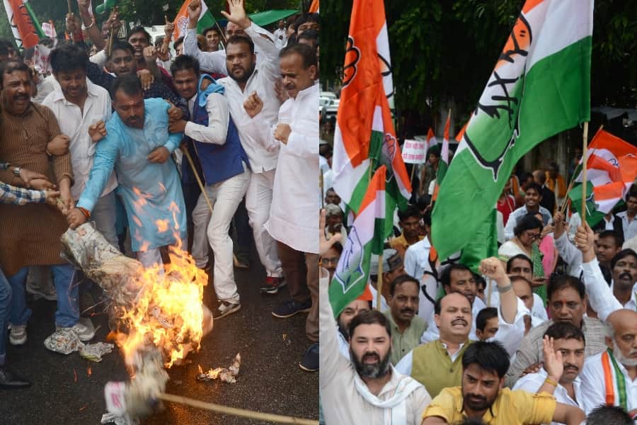Congress activists demonstrate and protest against BJP in Lucknow.