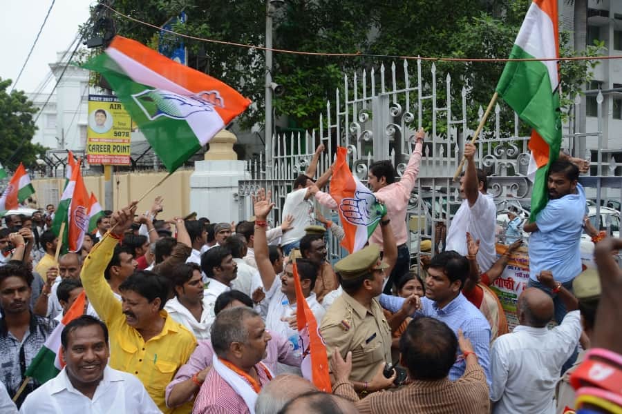 Congress activists demonstrate and protest against BJP in Lucknow.