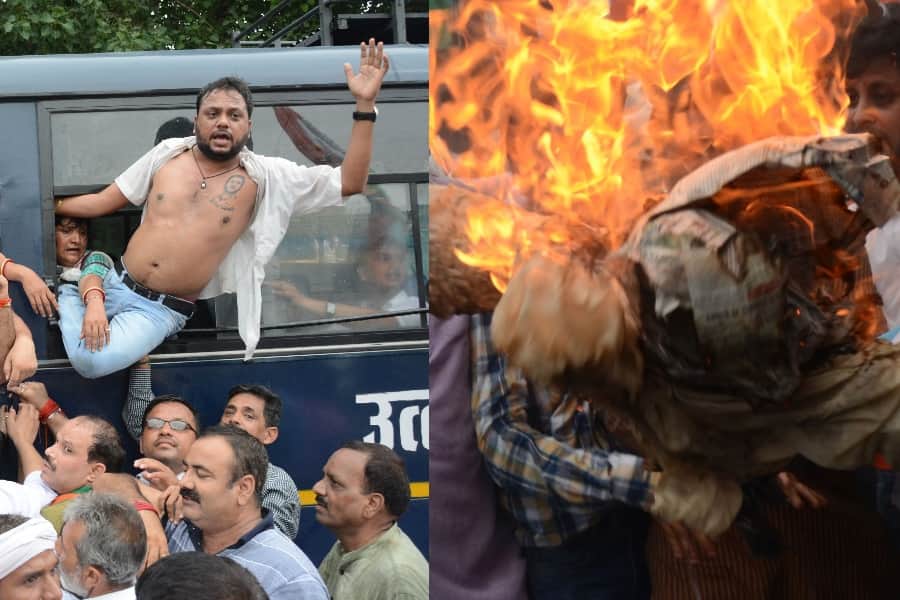 Congress activists demonstrate and protest against BJP in Lucknow.