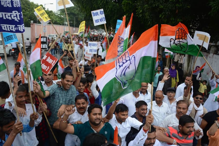 Congress activists demonstrate and protest against BJP in Lucknow.