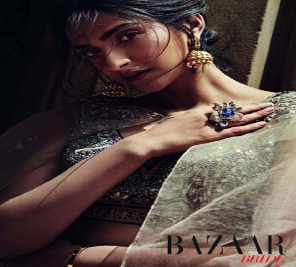 Bollywood actress Sonam Kapoor photo shoot for bazaar bride magazine cover page 