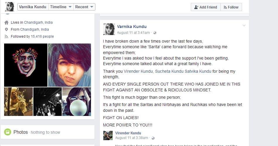 chandigarh stalking case, vikas barala, varnika kundu facebook post