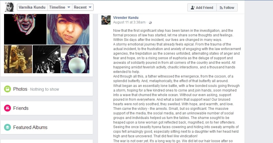 chandigarh stalking case, vikas barala, varnika kundu facebook post