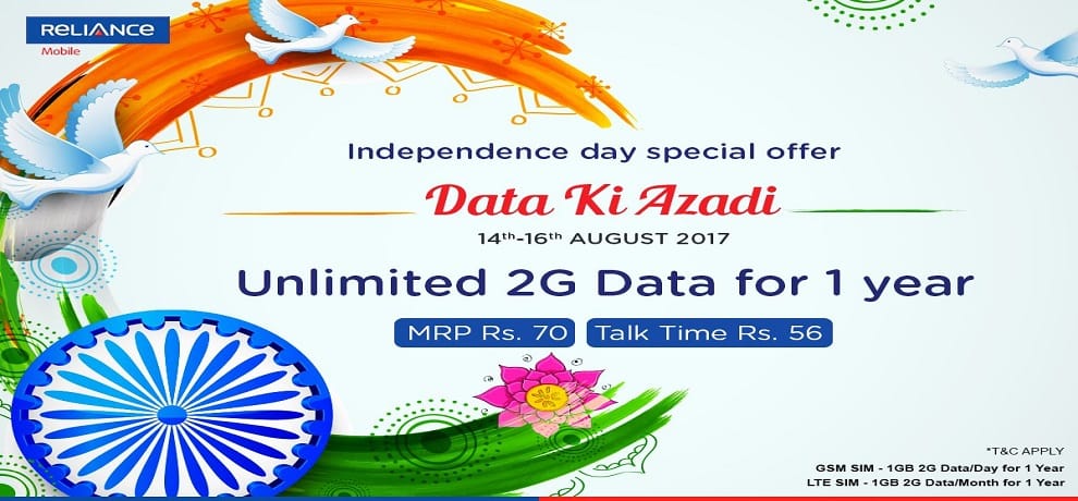 RCom introduced Independence Day Offer Offering Unlimited 2G Data For 365 Days at Rs 70
