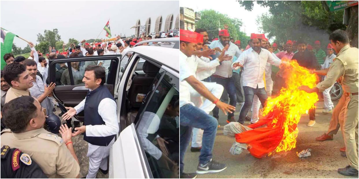  protest by samajwadi party workers after news of akhilesh yadav arrest