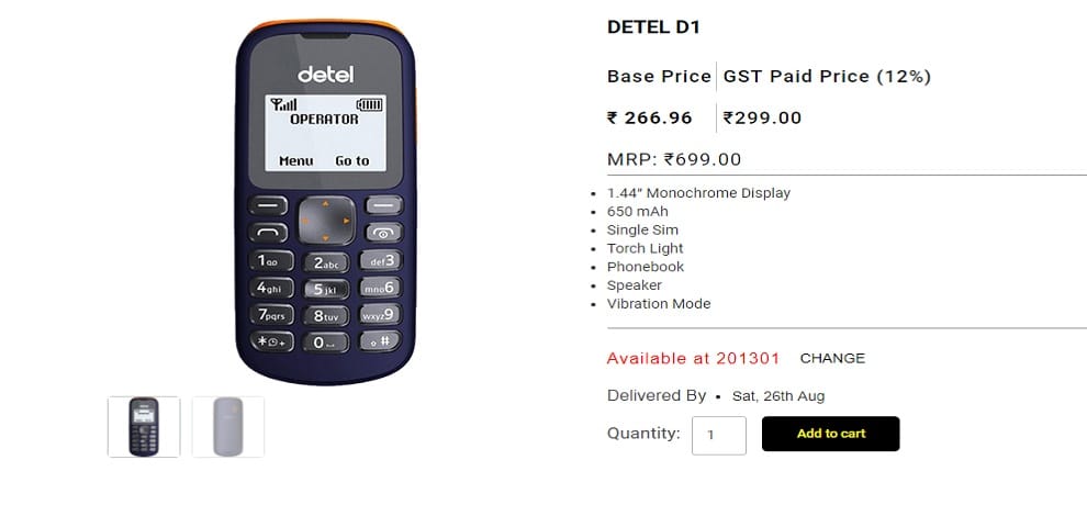 Detel launched world cheapest feature phone D1 in India at Rs 299