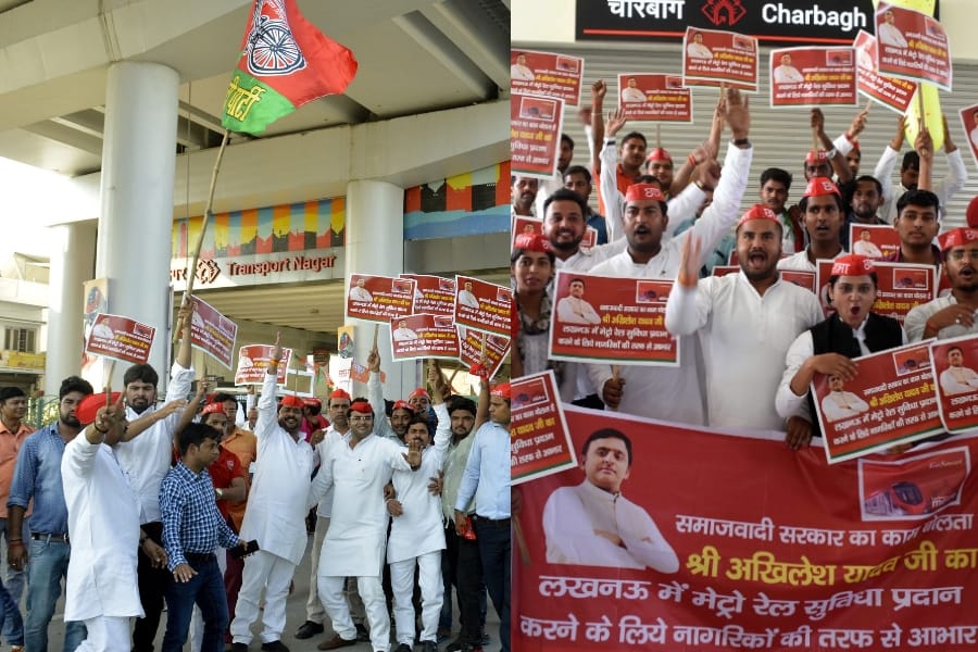SP activists celebrate on metro stations in Lucknow.