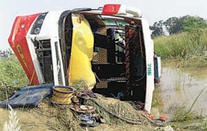 tourist bus falls in pond