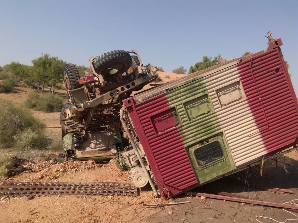 army truck turnover on the highway after disbalance in jaisalmer 