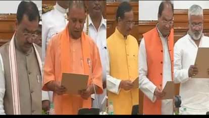 Cm yogi with dinesh sharma keshav maurya take oath for vidhan parishad 