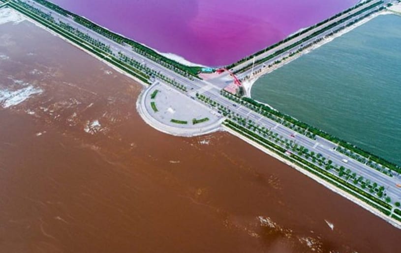 china dead sea turns pink and green, see pictures