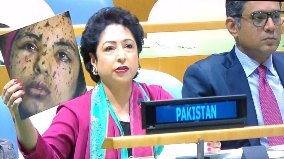 pakistani ambassador lodhi show palestinian girl as pellet gun victim from kashmir