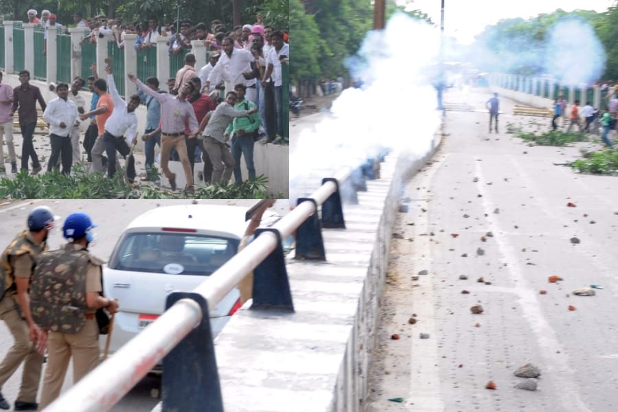 stone pelting from gram rojgar sevak on police force