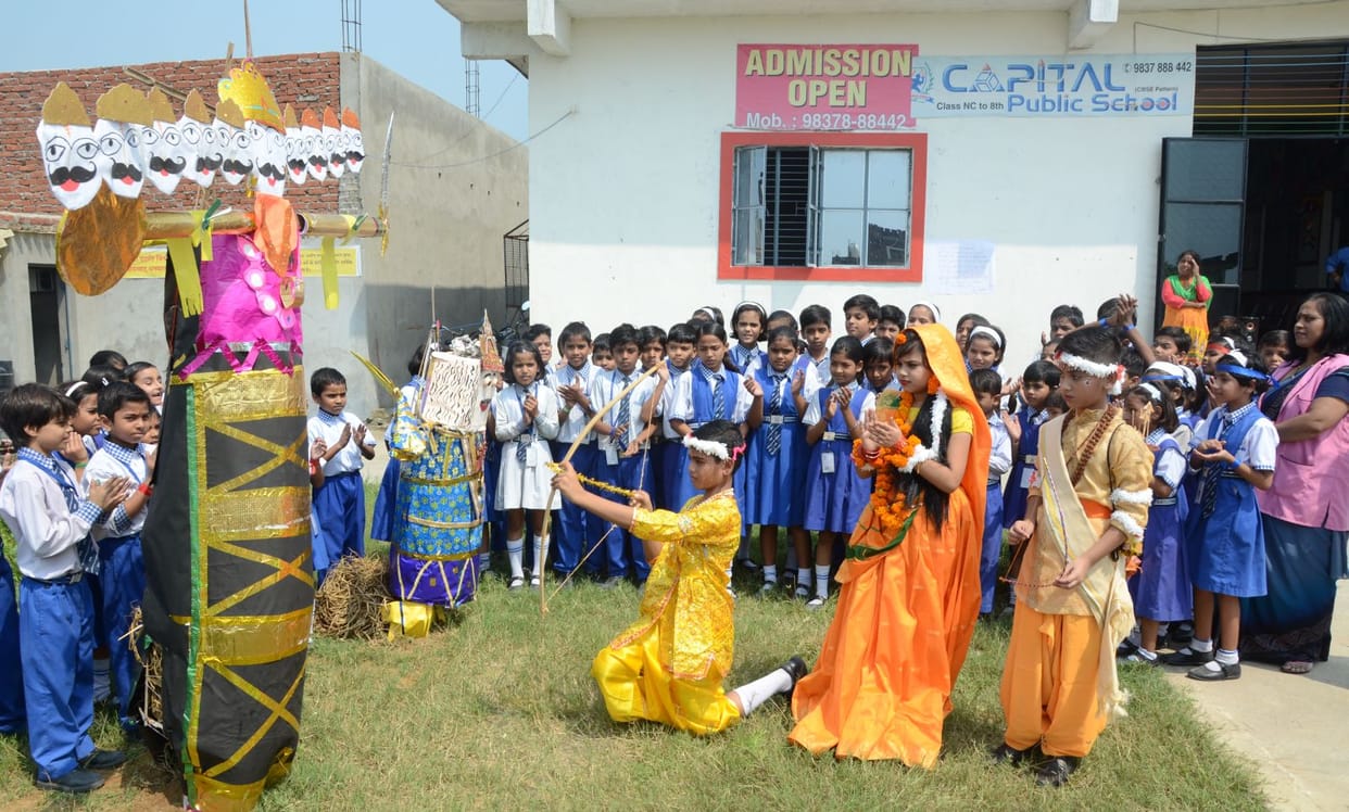 Children play in Ramlila, Ravan's effigy in schools