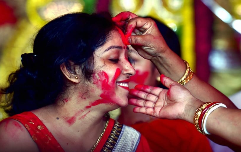 see in pictures maa Durga Statue immersion and sindur holi