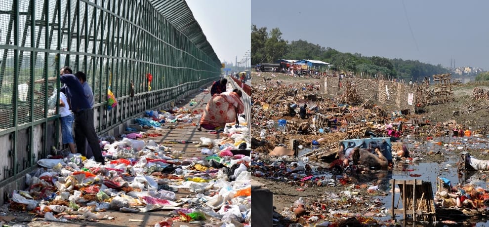 swachh bharat : yamuna river bank is filled with goddess idol waste, no is taking care to clean it