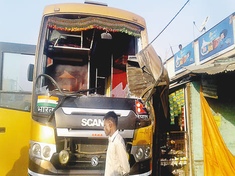 indo-Nepal bus rammed into the road side shops 