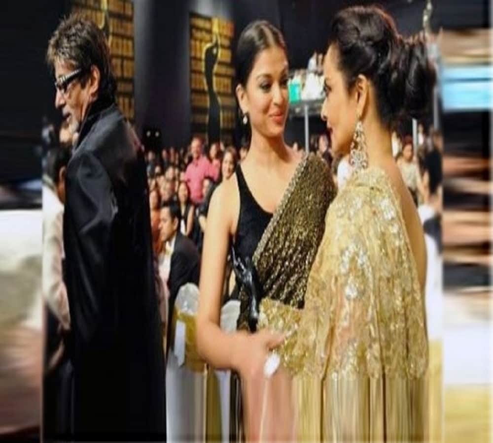 actor amitabh bachchan goes back to see actress rekha in an award show 