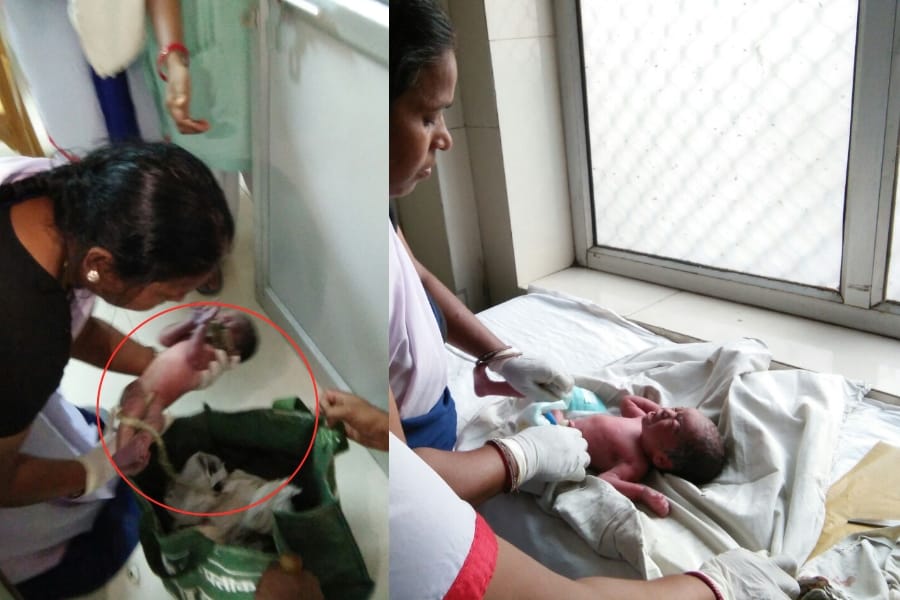 A new born baby girl found in a bag in Lucknow.
