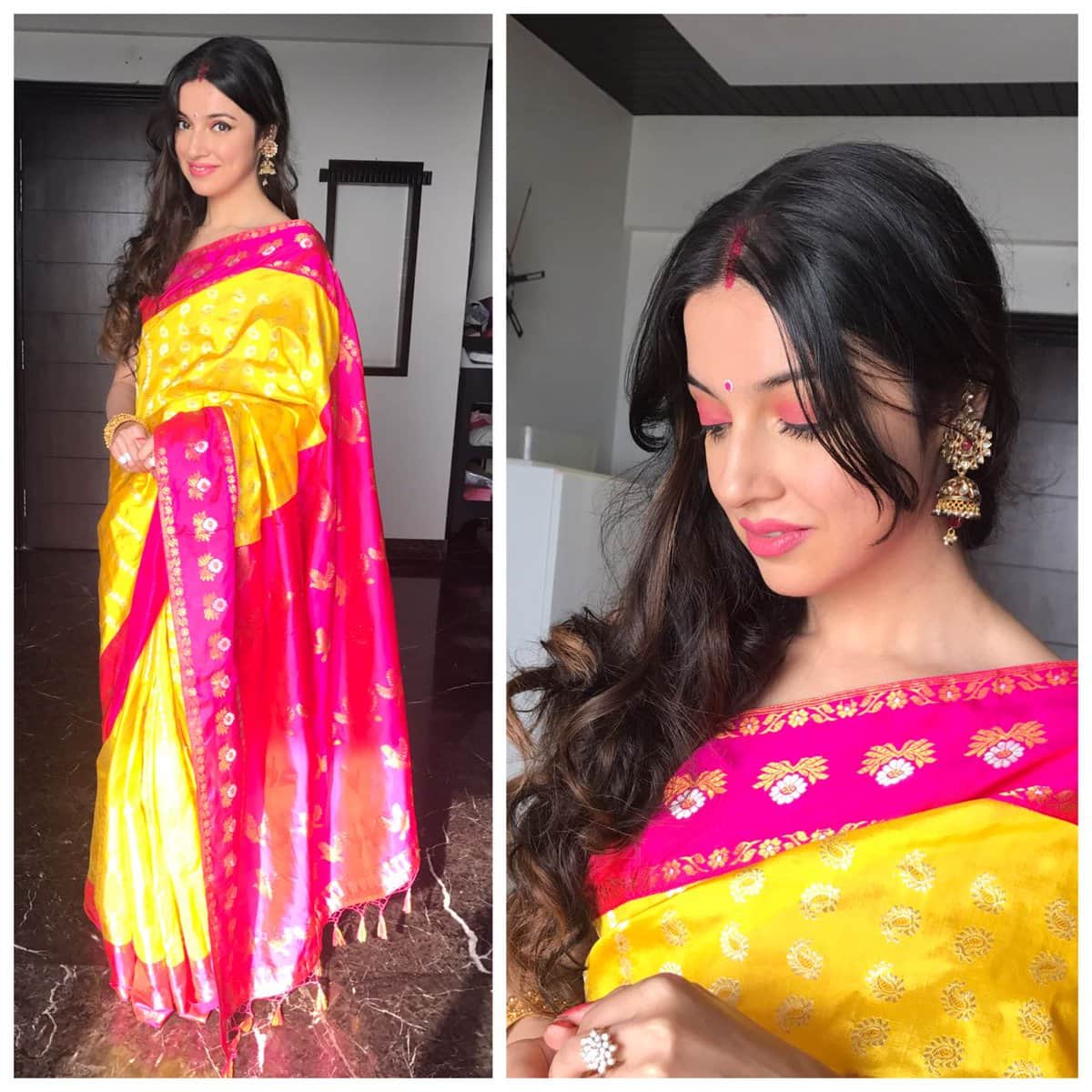 bhushan kumar divya khosla celebrate ganesh utsav wear red lehariya sharara
