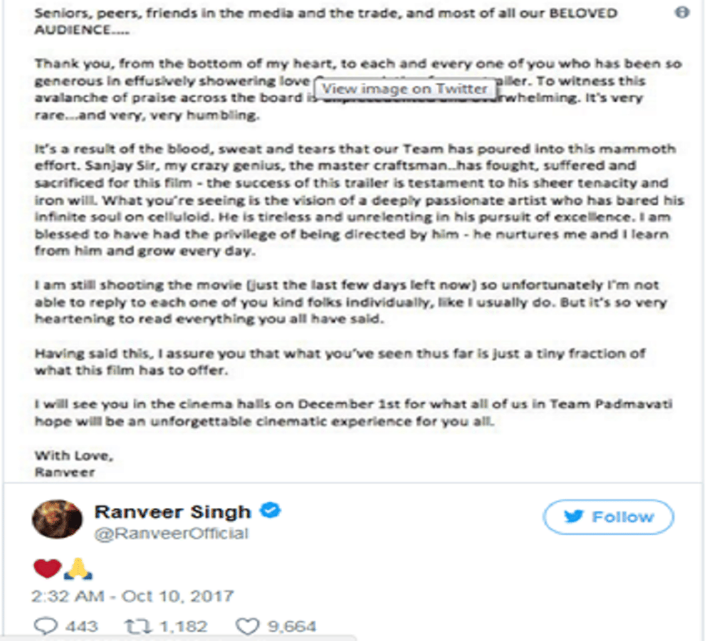 film Padmavati's trailer viewers reach 15 million in a day and ranveer get emotional