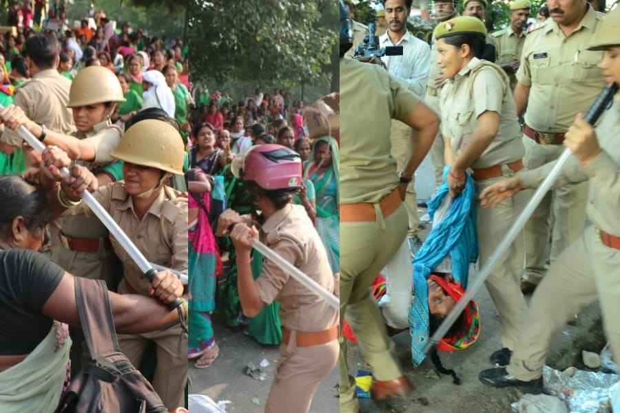 police give argument on brutality against anganbadi acticsts.