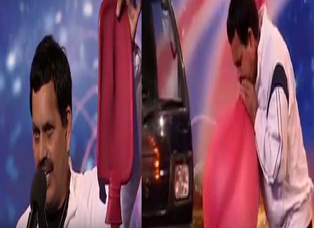 Strange Talent pulls the car with one ear and blow the hot water bag until burst
