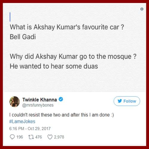 Akshay Kumars wife Twinkle makes fun of comedian Mallika du and his father Vinod dua