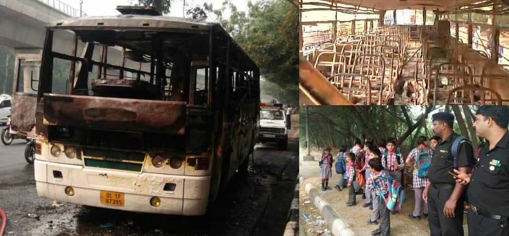 photos of school bus catches fire near dhaula kuan, all 35 students evacuated