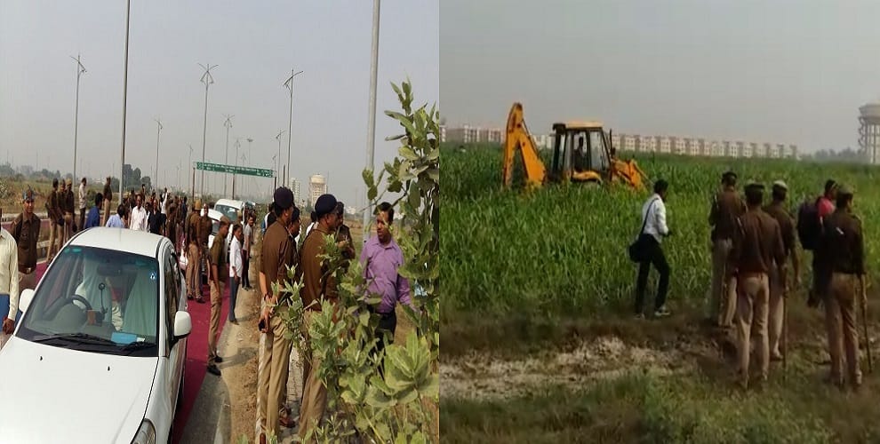 Bulldozer on the crop in front of farmers, nokjhonk with officials