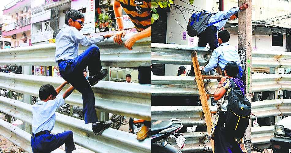 childrens take risk of life for going to school at chandigarh