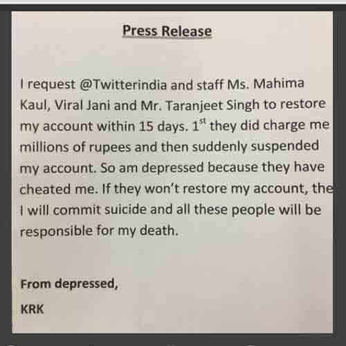 KRK REQUEST TWITTER TO RESTORE HIS ACCOUNT OTHERWISE DOING SUICIDE