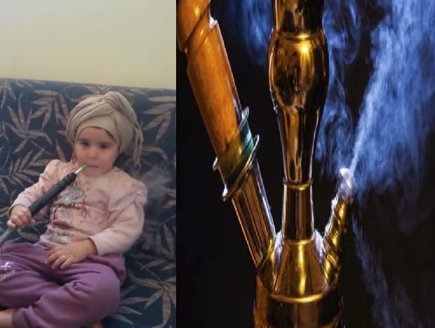 little girl has such a hobby to drink hookah in haryana style