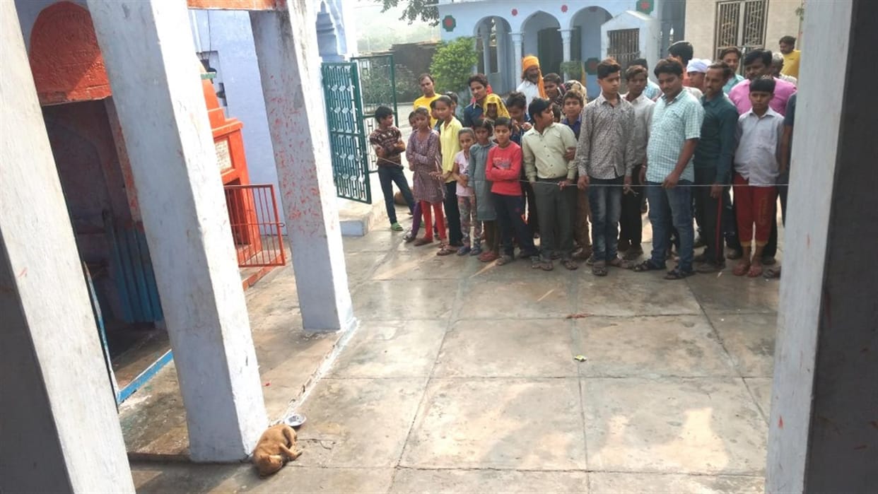 The crowd gathered to see the puppy circling the temple