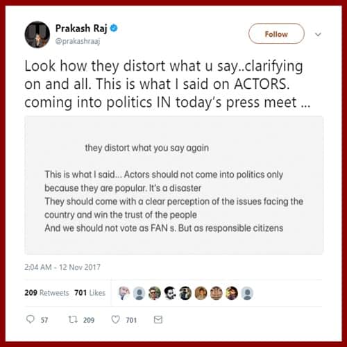 Prakash Raj clarifies his comment on actors in politics