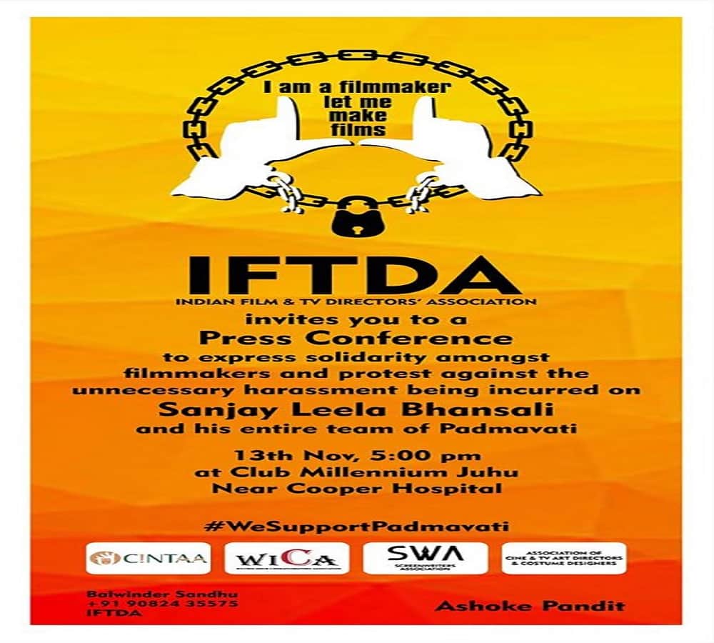 Bollywood directors will support padmavati in an iftda press conference in mumbai