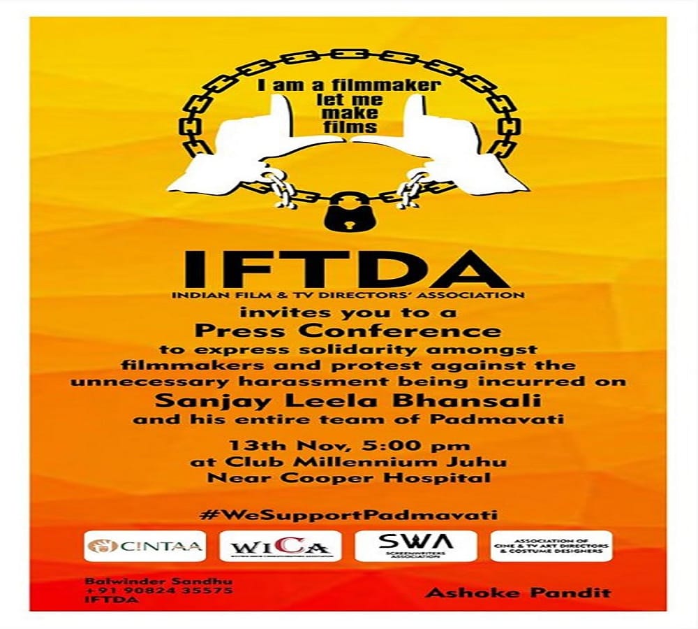 Bollywood directors will support padmavati in an iftda press conference in mumbai