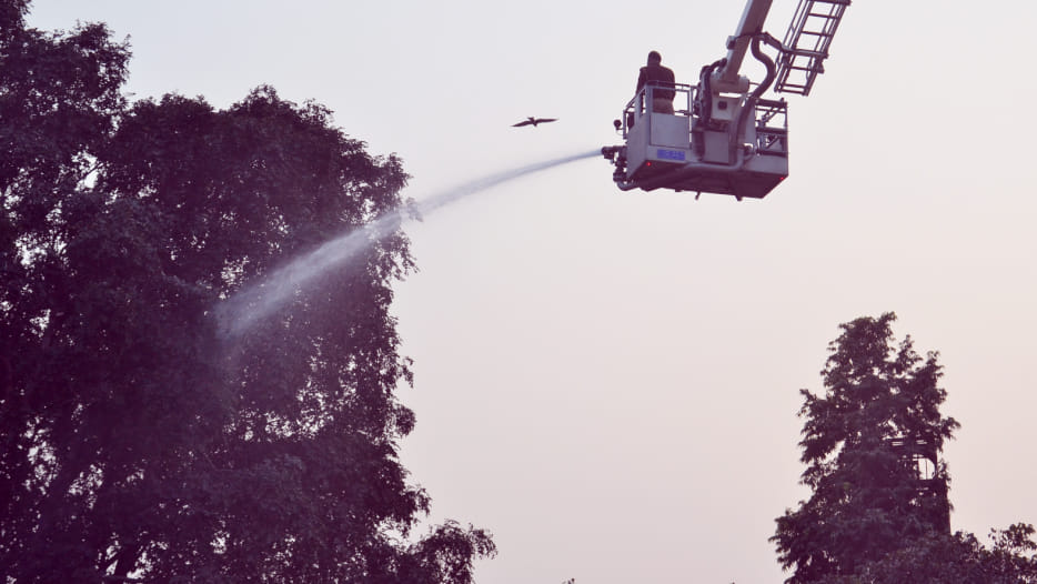 water sprinkling on roads and trees to stop pollution