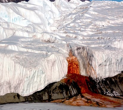 blood red waterfall in antarctica
