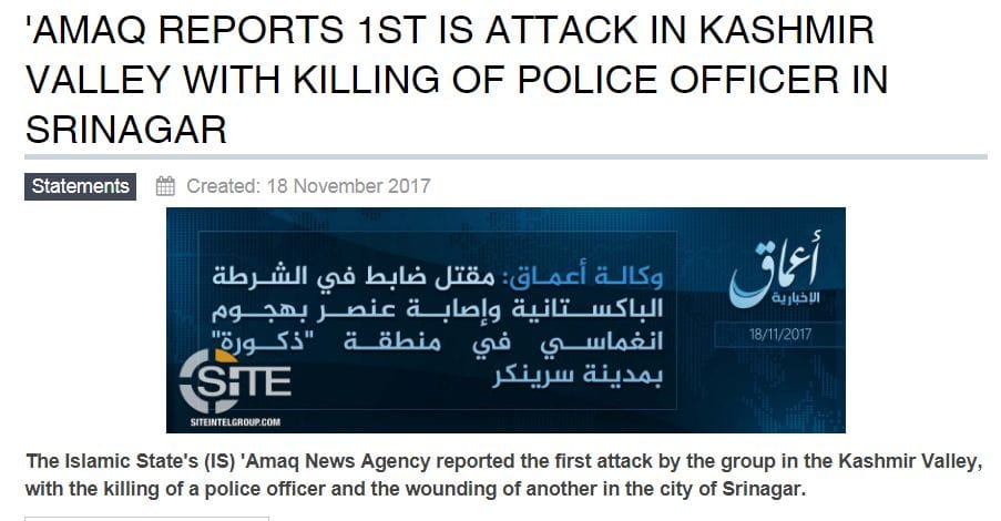  Amaq News Agency of Islamic state has reported that IS first attack in the Kashmir