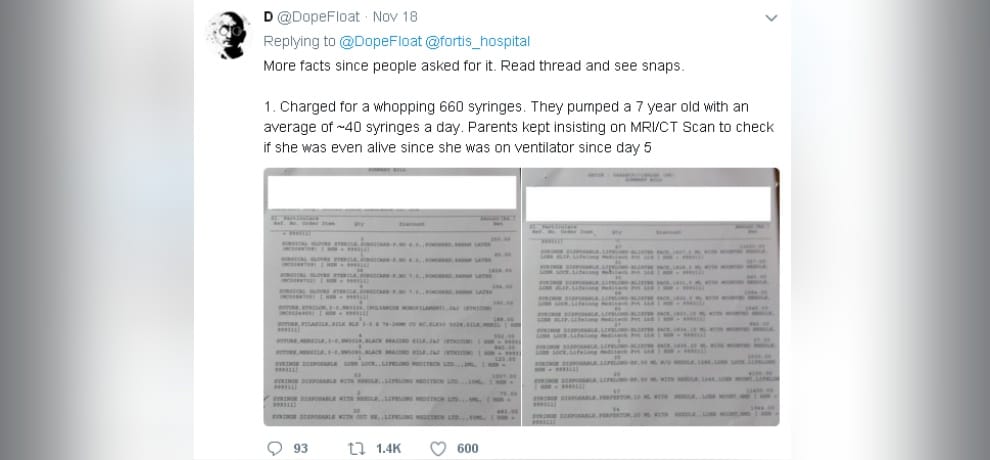 Fortis Hospital: seven years old girl because of dengue, hospital charged eighteen lakhs rupees